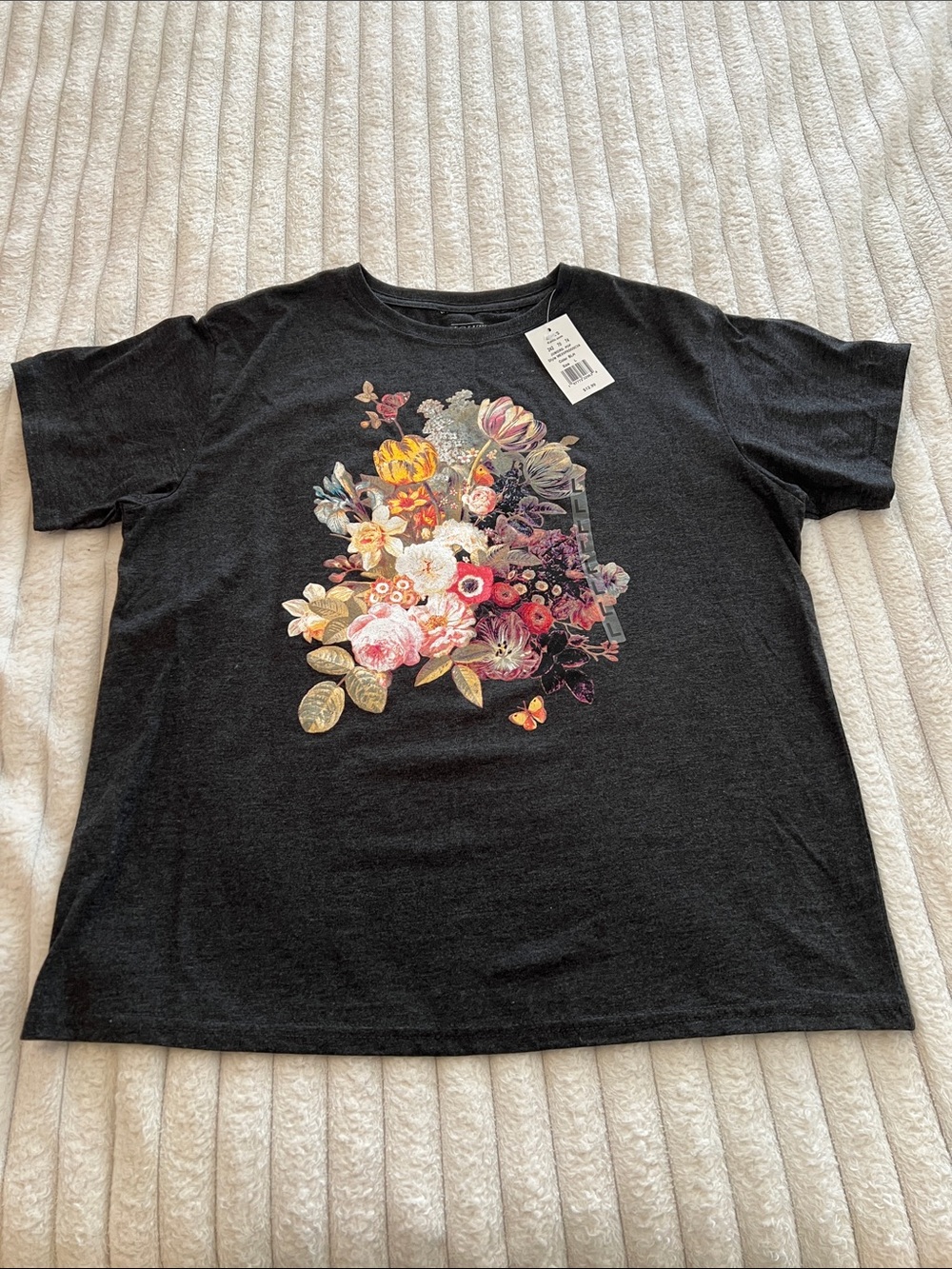 Mighty Fine Black Short-Sleeve Tee with Multicolor Floral Graphic